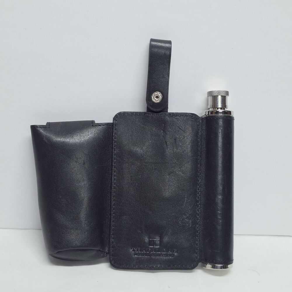 Vintage Trafalgar Black Leather Belt Organizer With Small Flask